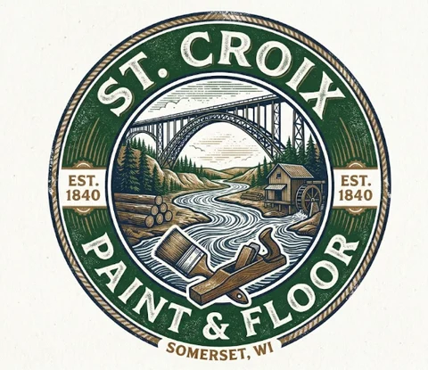 St. Croix Paint & Floor badge with the river, a bridge, bluffs, a paint brush and a wood plank